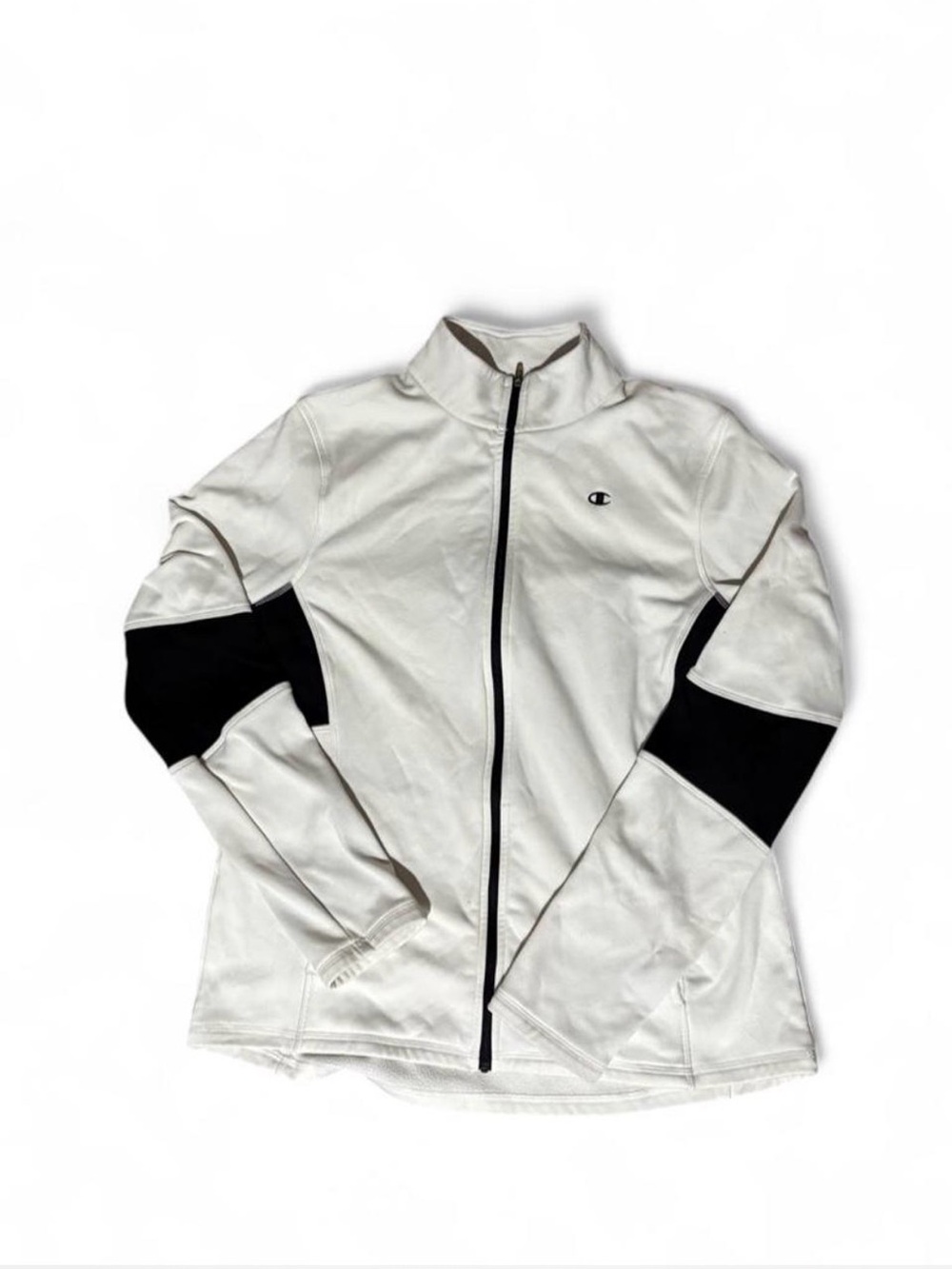 Kids L Champion white & black zip up jacket with black panels on the sleeves, #a